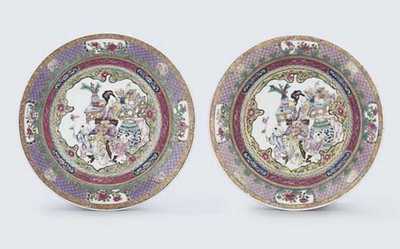 YONGZHENG (1723-35) A PAIR OF FAMILLE ROSE RUBY-BACK EGGSHELL ‘SEVEN BORDER’ DEEP PLATES